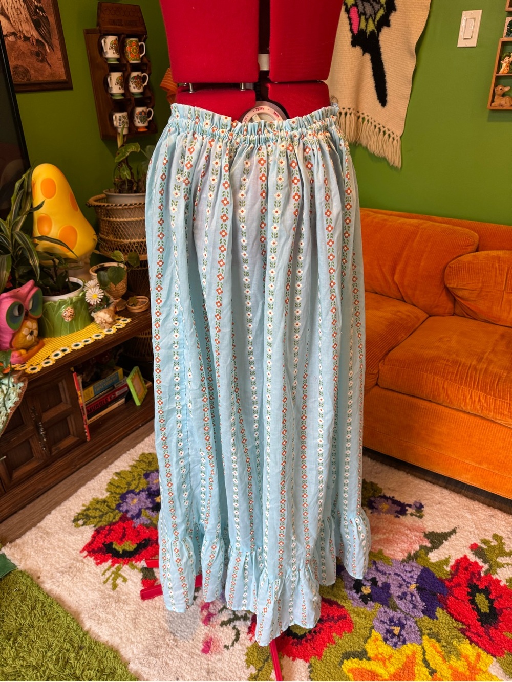 Vintage Light Blue Floral-Stripe Maxi Skirt